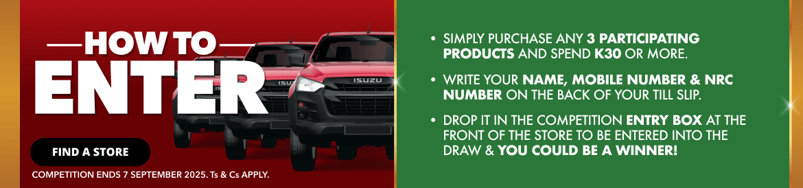 Shoprite Zambia turns 30 and you could win 1 of 30 Isuzu Single Cabs! Celebrate big with savings and a shot at driving off in style. Offers valid until 7 September 2025. 
