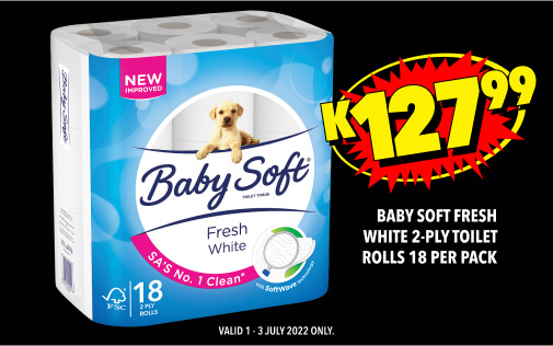 BABY SOFT FRESH WHITE 2-PLY TOILET ROLLS 18 PER PACK, K127,99
