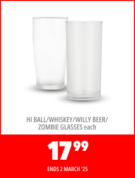 HI BALL/WHISKEY/WILLY/BEER/ZOMBIE GLASSES each, 17.99